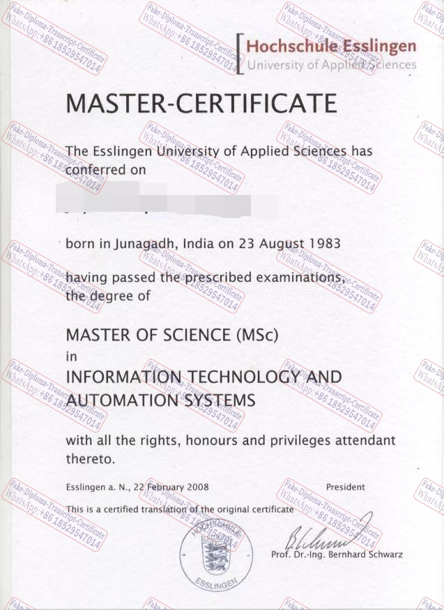 Buy fake Hochschule Esslingen University of Applied Sciences Certificate