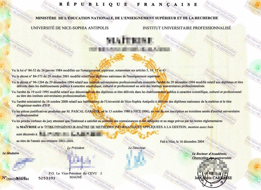 Buy fake Nice University Faculty of Professional Education Diploma