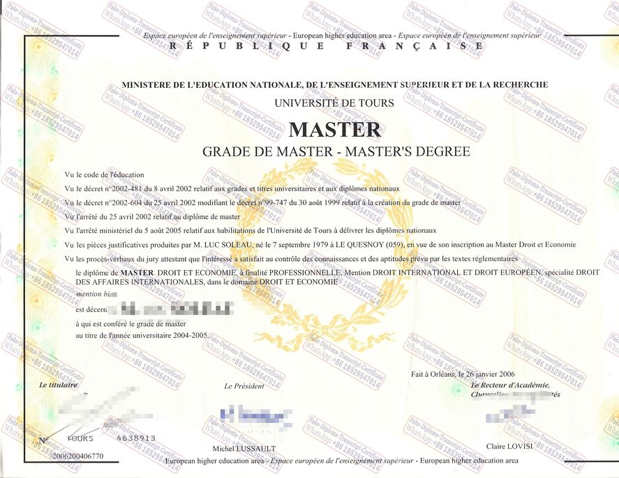 Buy fake UNIVERSITE DE TOURS Diploma