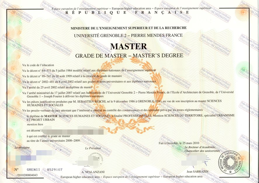 Buy fake Université Pierre Mendès France Grenoble2 Certificate