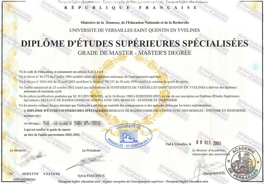 Buy fake Université de Versailles Saint Quentin En Yvelines Diploma