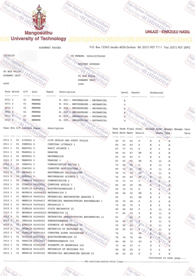 Copy Fake Mangosuthu University of Technology Certificate