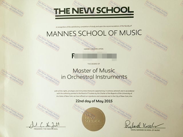 Copy Fake Mannes School of Music at The New School Certificate