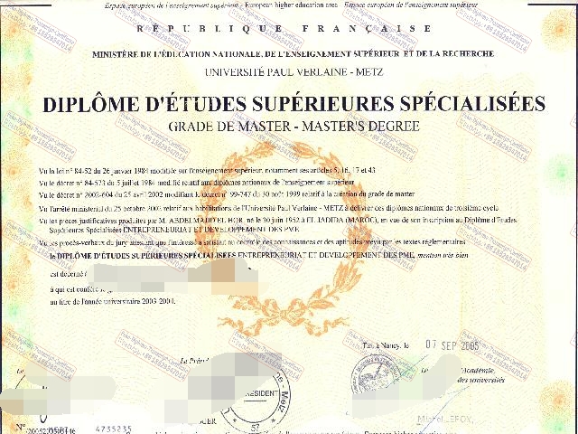 Copy Fake Universite Paul Verlaine Metz Certificate