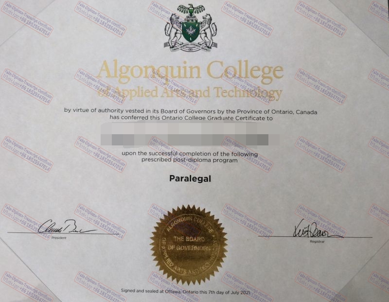 Fake Algonquin College of Applied Arts and Technology Certificate