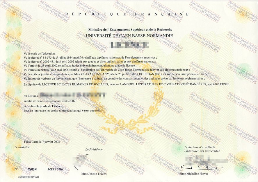 Fake Universit de Caen Normandie Certificate