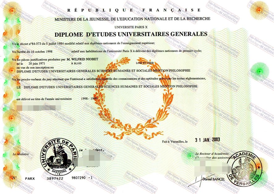 Fake Université Paris X Certificate