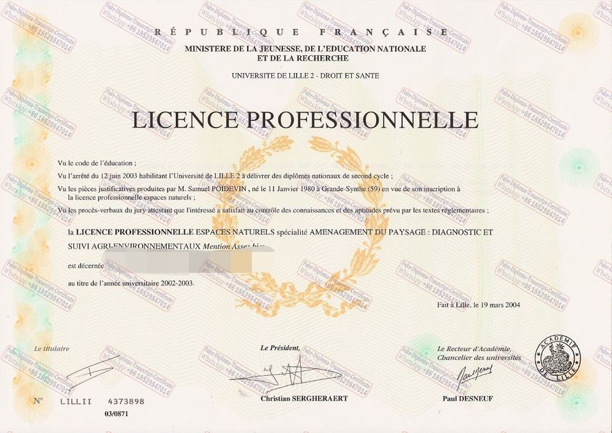 Make fake Lille 2 University of Health and Law Certificate