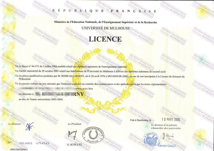 Make fake UNIVERSITE DE MULHOUSE Certificate