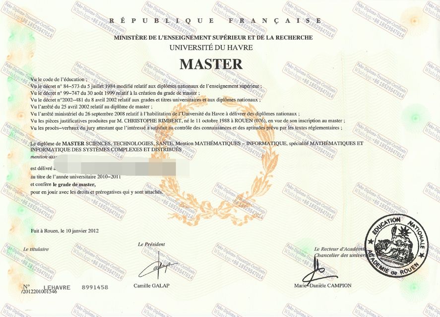 Make fake University of Le Havre Diploma