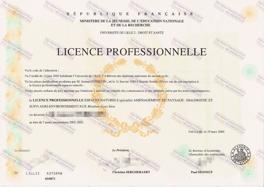 Make fake Université Lille 2 Droit et Santé Certificate