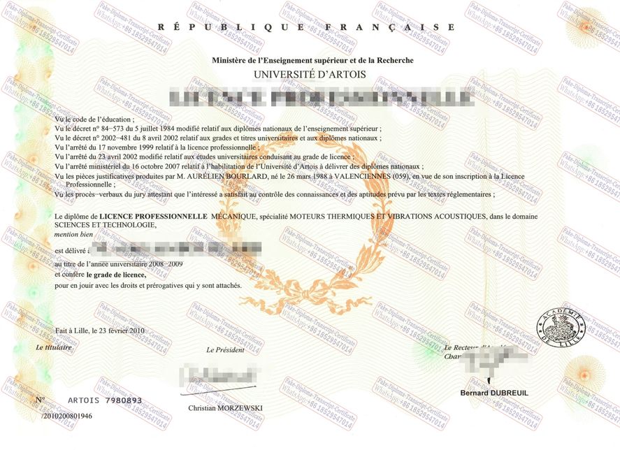 Make fake Université dArtois Certificate