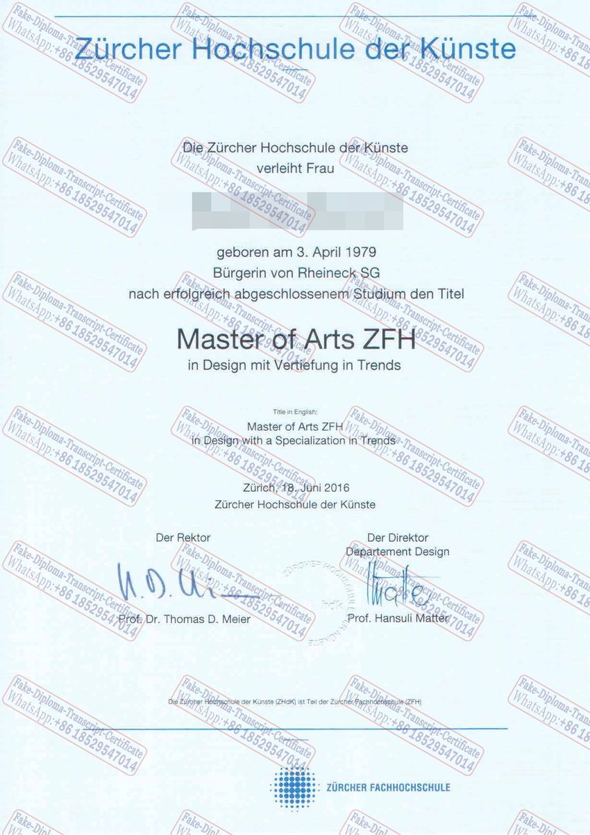 Make fake Zürcher Hochschule der Künste Certificate